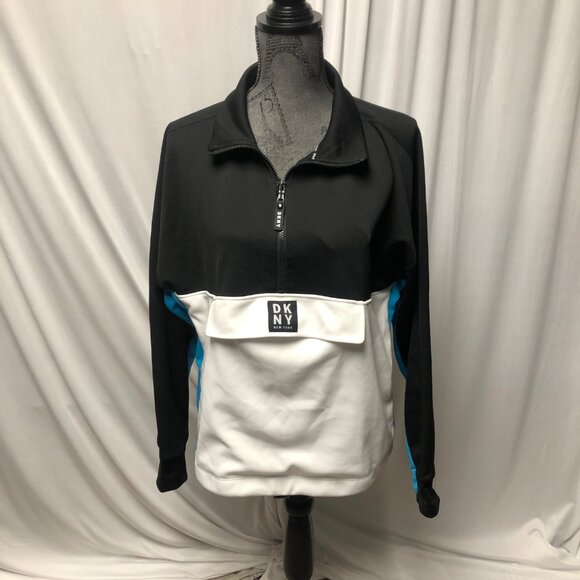 DKNY Sport Sweatshirt Womens Large Colorblock Half Zip Pullover Black White Blue - Picture 1 of 9